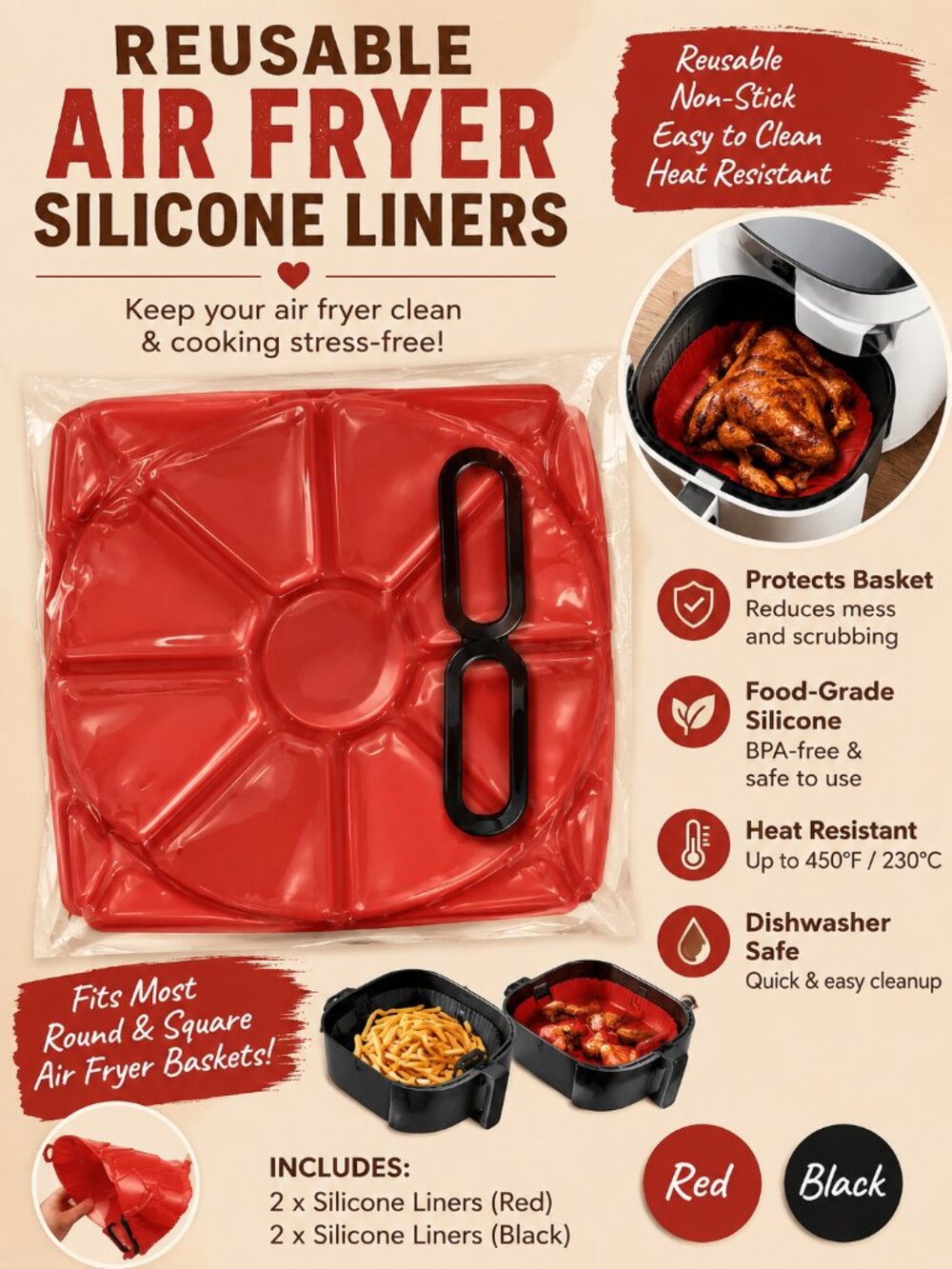 Reusable Silicone Air Fryer Liners Red Nonstick Basket Inserts with Handles NEW